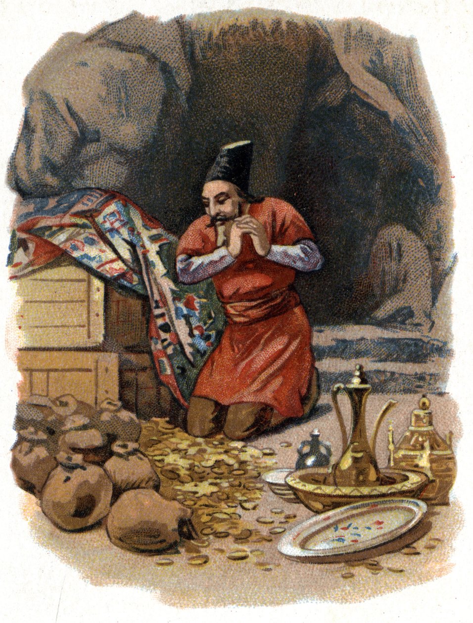 Illusztráció az Ezeregyéjszaka meséihez. Ali Baba (Ali-Baba) belép a sziklába, mondván: Szezám kinyit, és aranyhordókat lát. Kromolitográfia 1890 körül. alkotó: Unknown artist