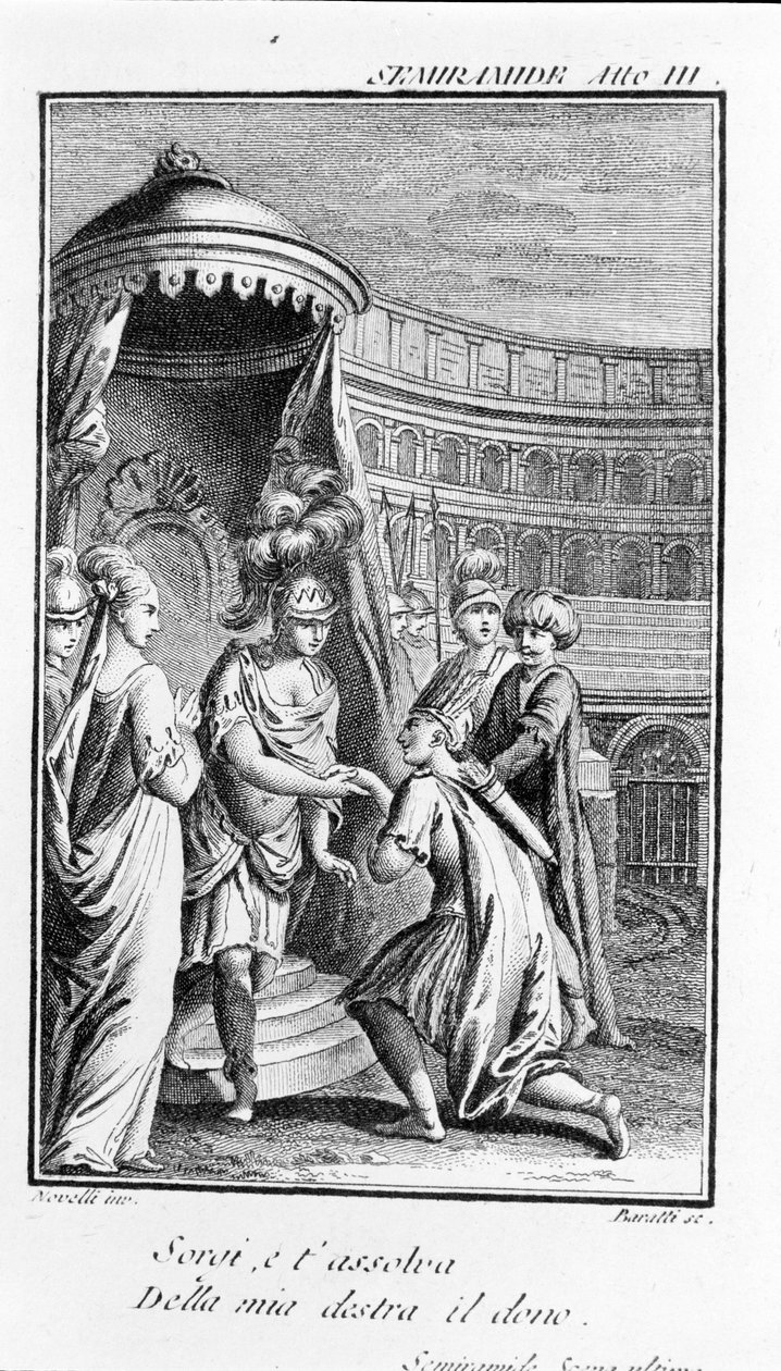 Semiramis illusztrációja, Antonio Salieri (1750 - 1825) operája. Pierre Metastase (vagy Peter Metastasius) füzete. III. felvonás, utolsó jelenet. alkotó: Unknown artist