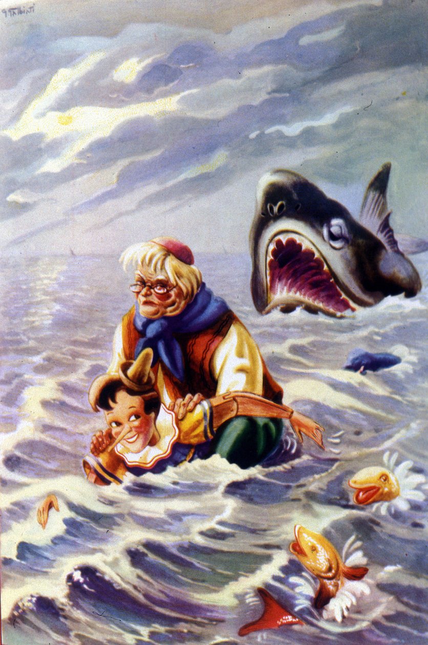 Carlo Collodi Pinokkió-meséjének illusztrációja: Pinokkiót és Gepettót egy hatalmas hal üldözi. alkotó: Unknown artist