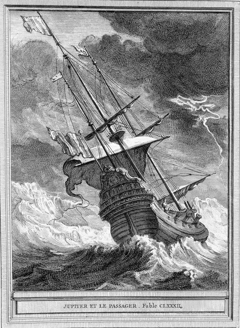 Jean de La Fontaine „Jupiter és az utas” című meséjének illusztrációja alkotó: Unknown artist