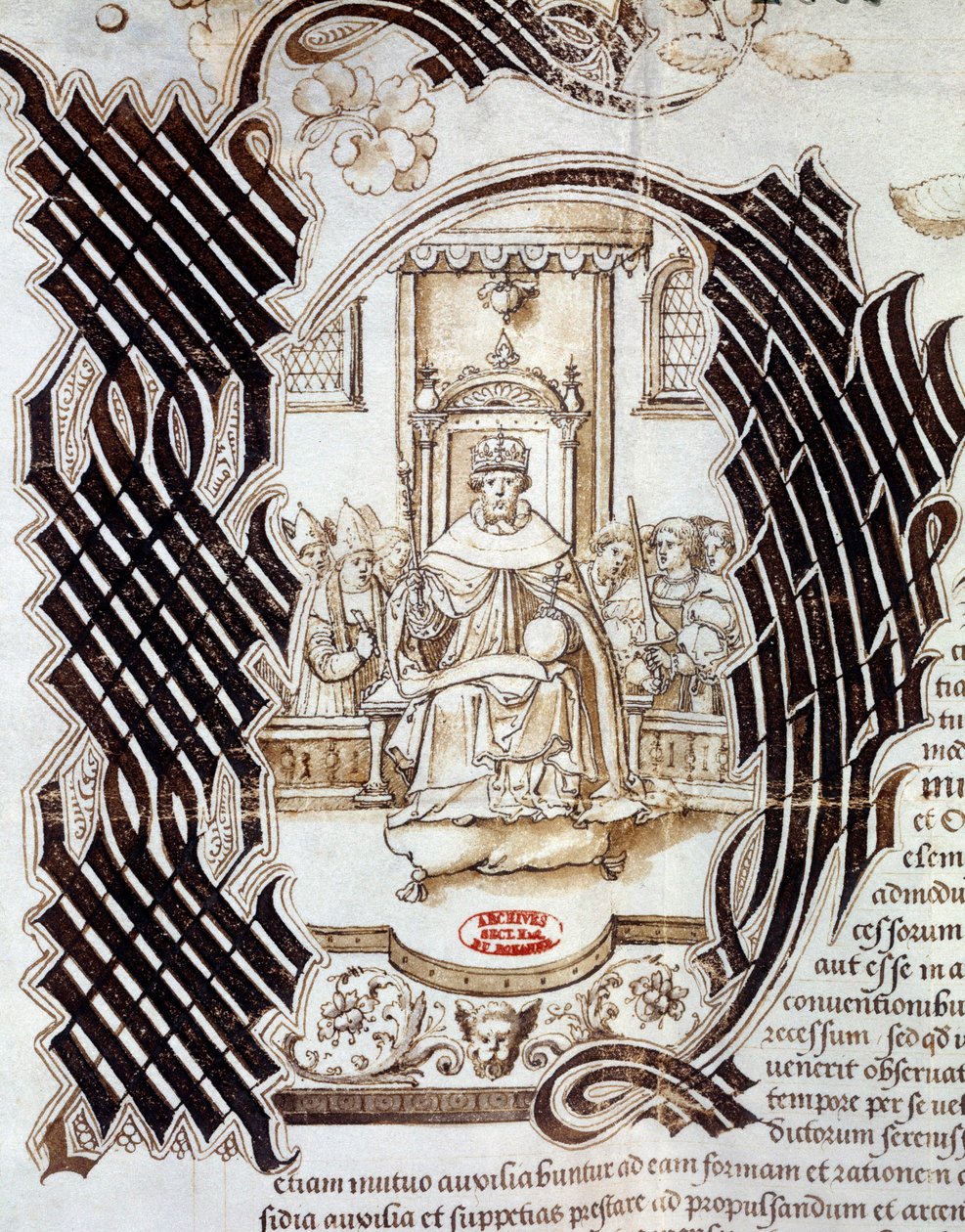 1522-ben V. Károly aláírta VIII. Henrik angol királlyal (1491-1547) a windsori szerződést, amely egy VIII. Henriket ábrázoló kézirat alapján megjósolta a miniatűr Franciaország invázióját. 1532 Párizs, Országos Levéltár alkotó: Unknown artist