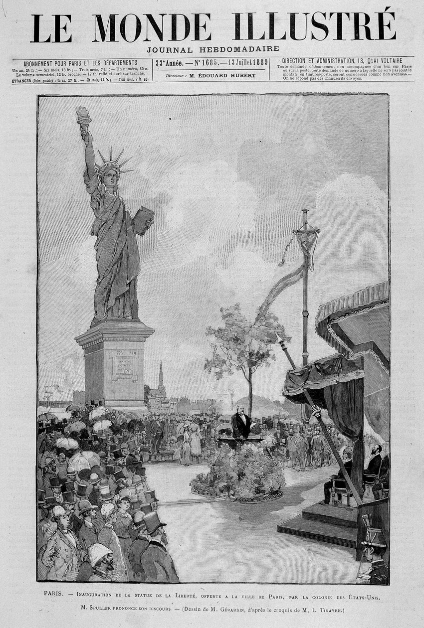 Az Egyesült Államok által Párizs városának felajánlott, redukált Szabadság-szobor (másolat) felavatása – az 1889. július 13-i „” The Illustrous World”-ben alkotó: Unknown artist
