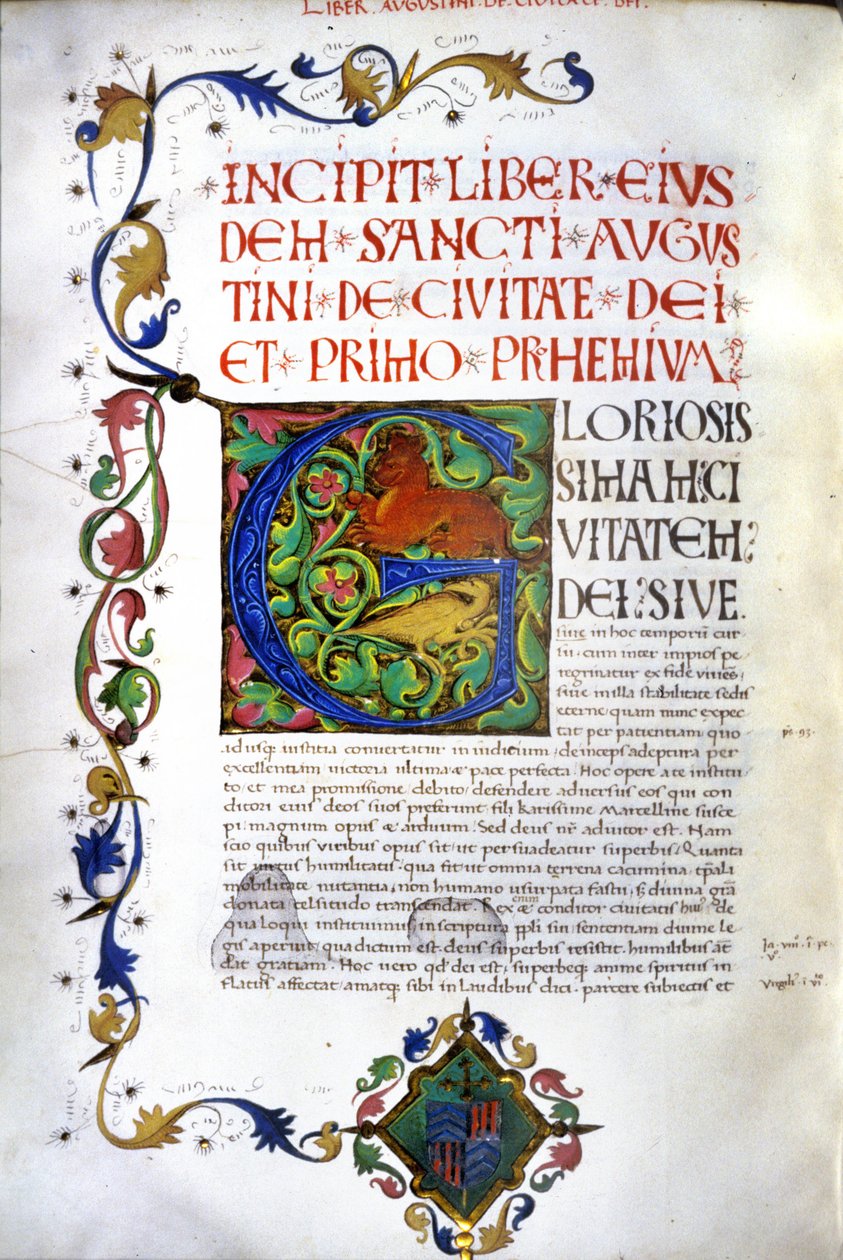 Szent Ágoston "De civitate Dei" kéziratának incipituma. 15. századi kézirat. Milánó, Bibl, Trivulziana. alkotó: Unknown artist