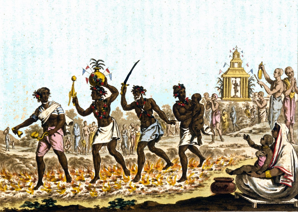 India. Izzó szénen sétáló fakírok. 19. századi metszet. alkotó: Unknown artist