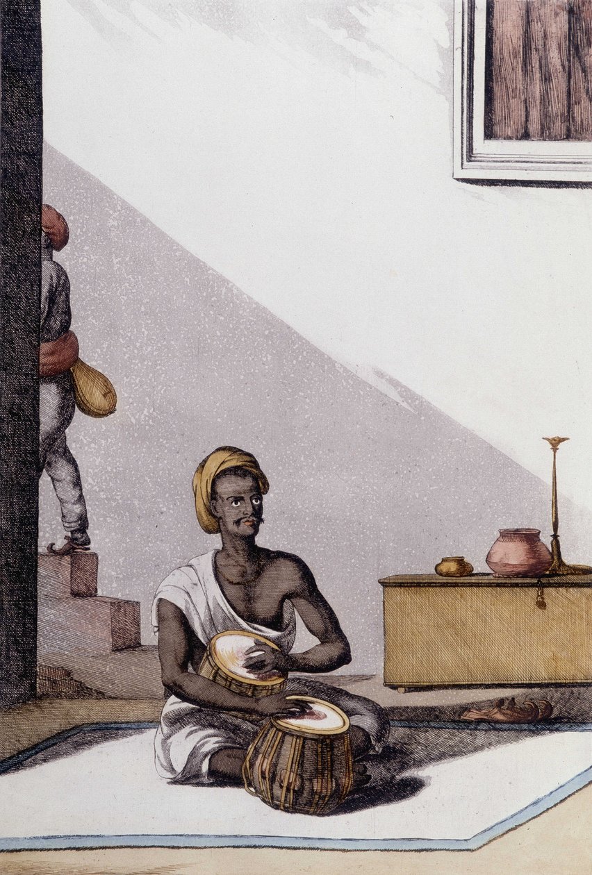 Indiai kultúra és civilizáció: tablaszt játszó zenész, hagyományos hangszer, India. Metszet 1808. alkotó: Unknown artist