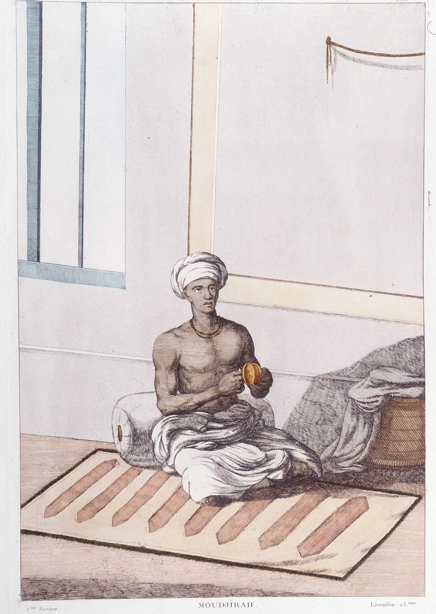 Indiai kultúra, civilizáció és társadalom: zenész hagyományos indiai ütőhangszerekkel. Metszet 1808-ból. alkotó: Unknown artist