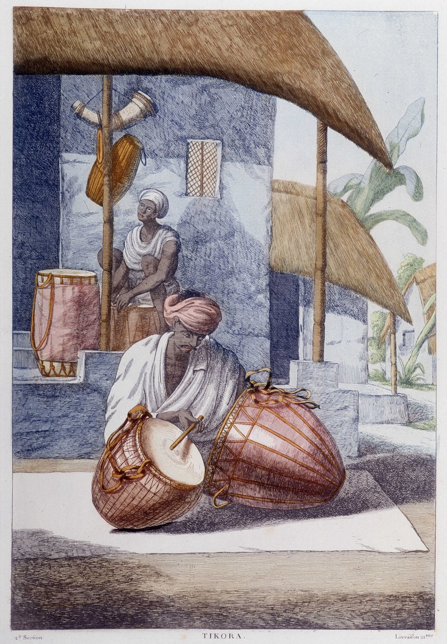 Indiai kultúra, civilizáció és társadalom: zenész hagyományos indiai ütőhangszerekkel (Tikora). Metszet 1808-ból. alkotó: Unknown artist