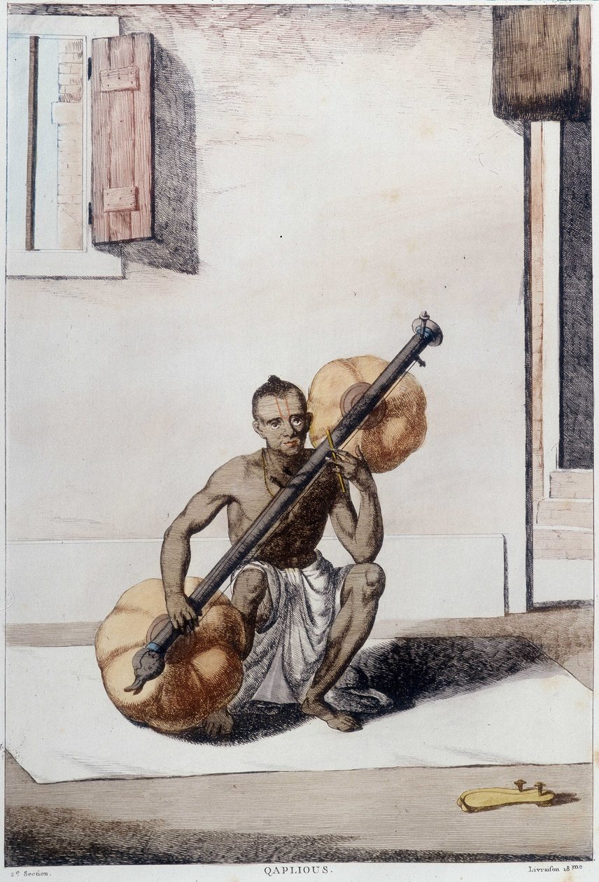Indiai kultúra, civilizáció és társadalom: zenész hagyományos indiai vonós hangszerrel. Metszet 1808-ból. alkotó: Unknown artist