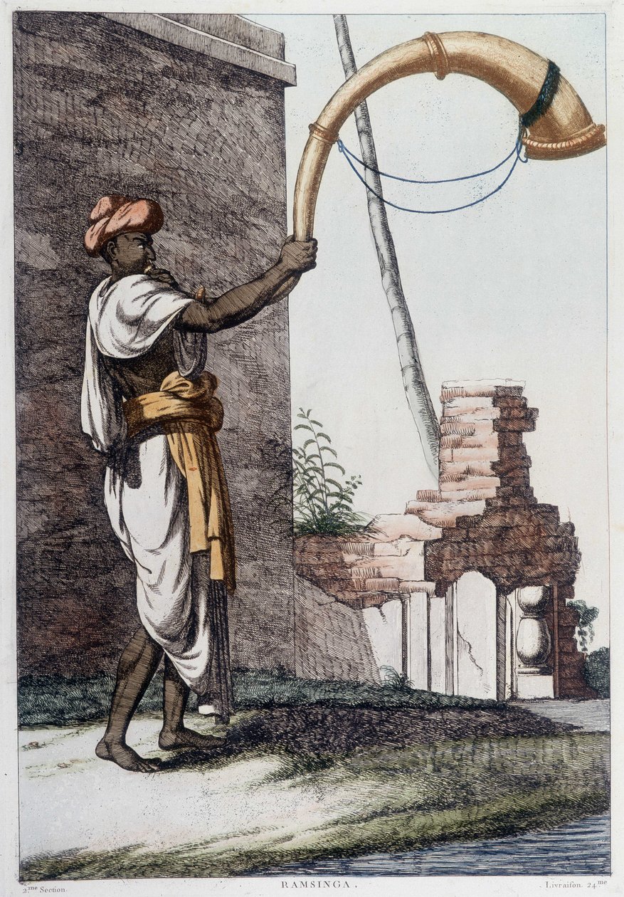 Indiai kultúra, civilizáció és társadalom: zenész hagyományos indiai fúvós hangszerrel (Sournae). Metszet 1808-ból. alkotó: Unknown artist