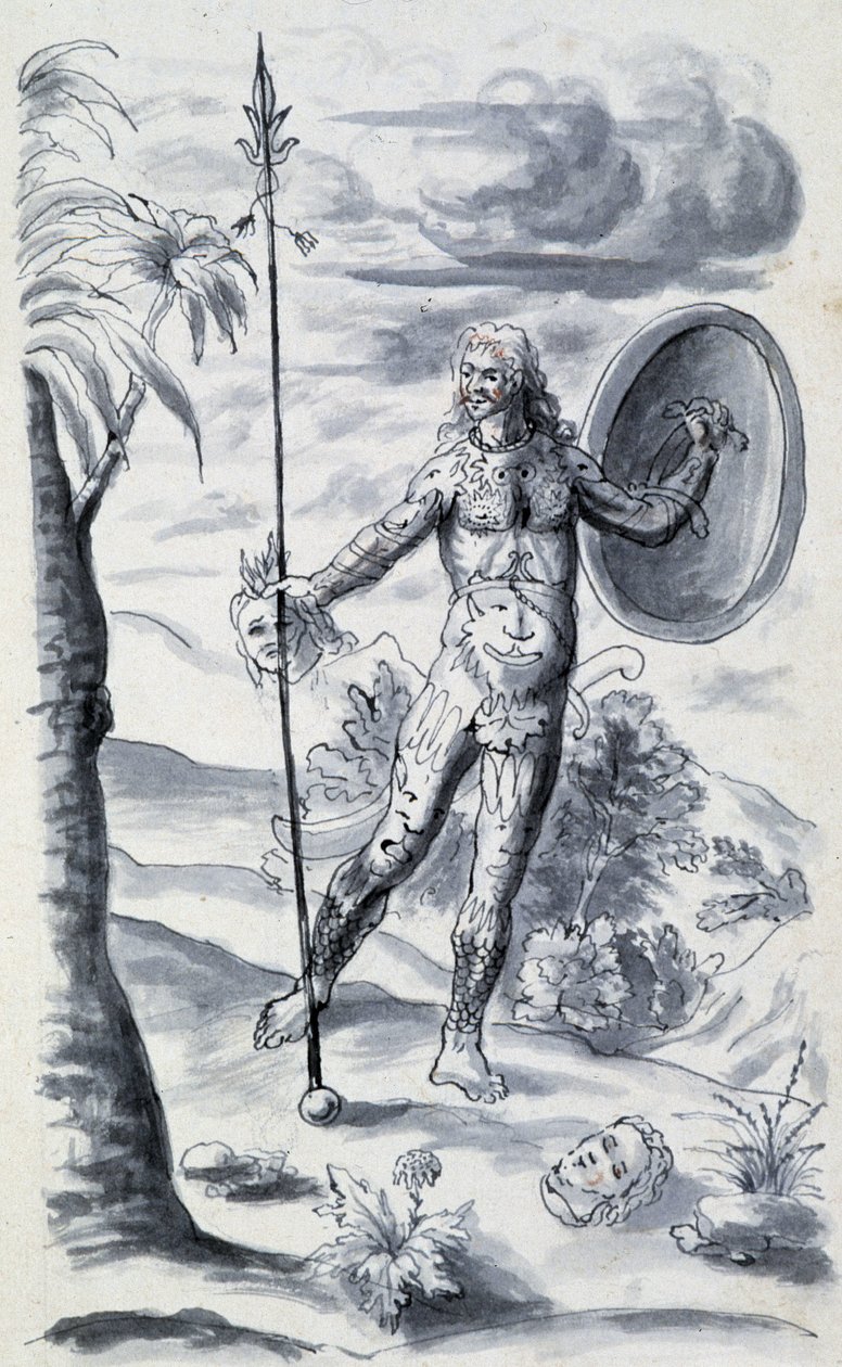 Indian in war paintings having cut off the heads of his enemies - in “Dialogue ou interview d
