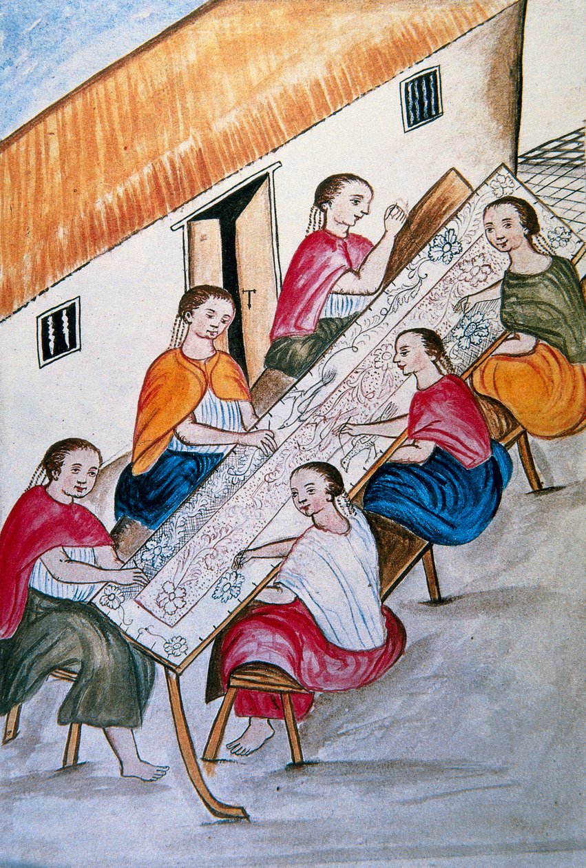 Indiai munkások varrnak, Baltazar Martinez Compañón y Bujanda, Trujillo püspöke (1782-1785) "Trujillo del Peru" vagy "Códice Martínez Compañón" című könyvéből alkotó: Unknown artist
