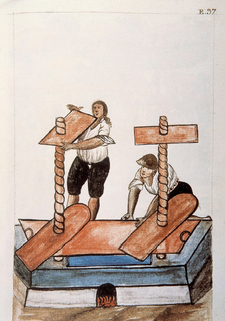 Ágyneműt sajtoló (vasaló) indiánok, a "Trujillo del Peru" vagy a "Códice Martínez Compañón" könyvből, Baltazar Martinez Compañón y Bujanda, Trujillo püspöke (1782-1785) alkotó: Unknown artist