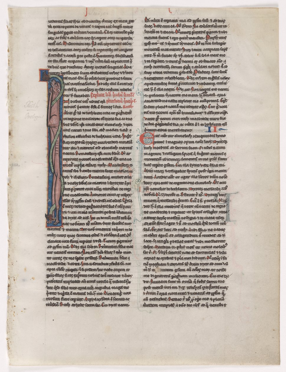 Initial I: Összefonódott vadállat és kígyó: levél a Bibliából (2 kivágott levélből 2) alkotó: Unknown artist