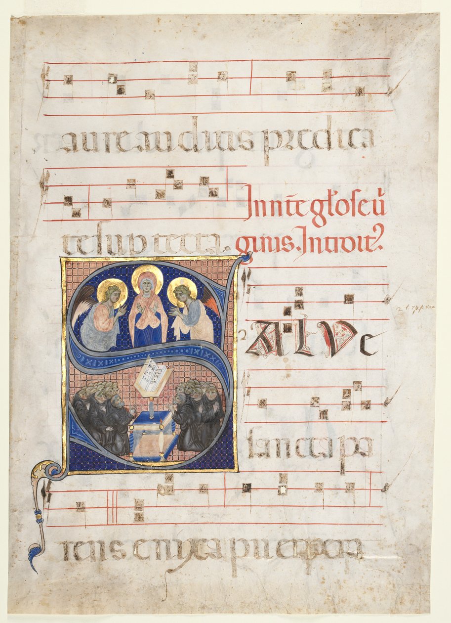 Initial Salve sancta parens] az angyalok által imádott Szűzanyával és az éneklő bencés szerzetesekkel: Egyetlen levél a fokozatostól alkotó: Unknown artist