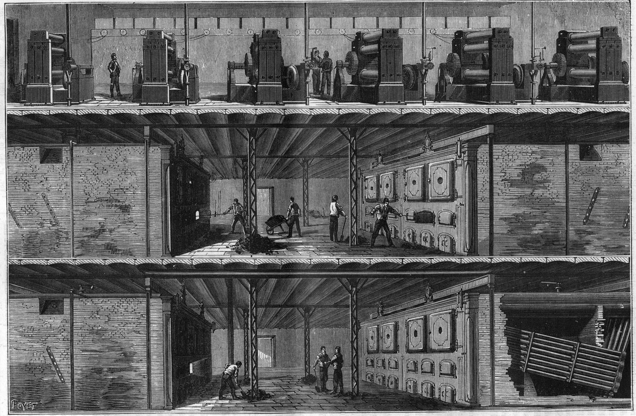 Kazánok és gőzdinamók felszerelése a New York-i központi elektromos elosztó állomáson (Edison System) 1884-ben. alkotó: Unknown artist