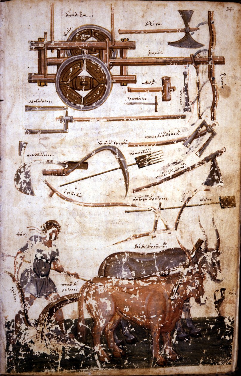 Eszközök a szántóföldi munkához és egy szántó ember – a Hesiodész „” Scutum Herculisban (Héraklész pajzsa)” alkotó: Unknown artist
