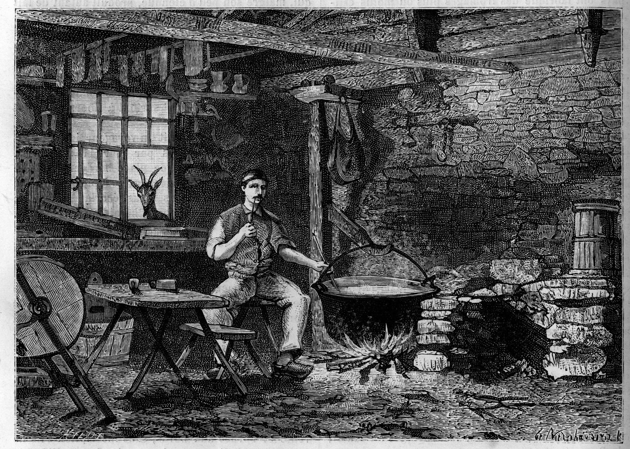 Egy sajtgyár belseje a Vogézekben. Metszet a „Le journal de la jeunesse”-be alkotó: Unknown artist