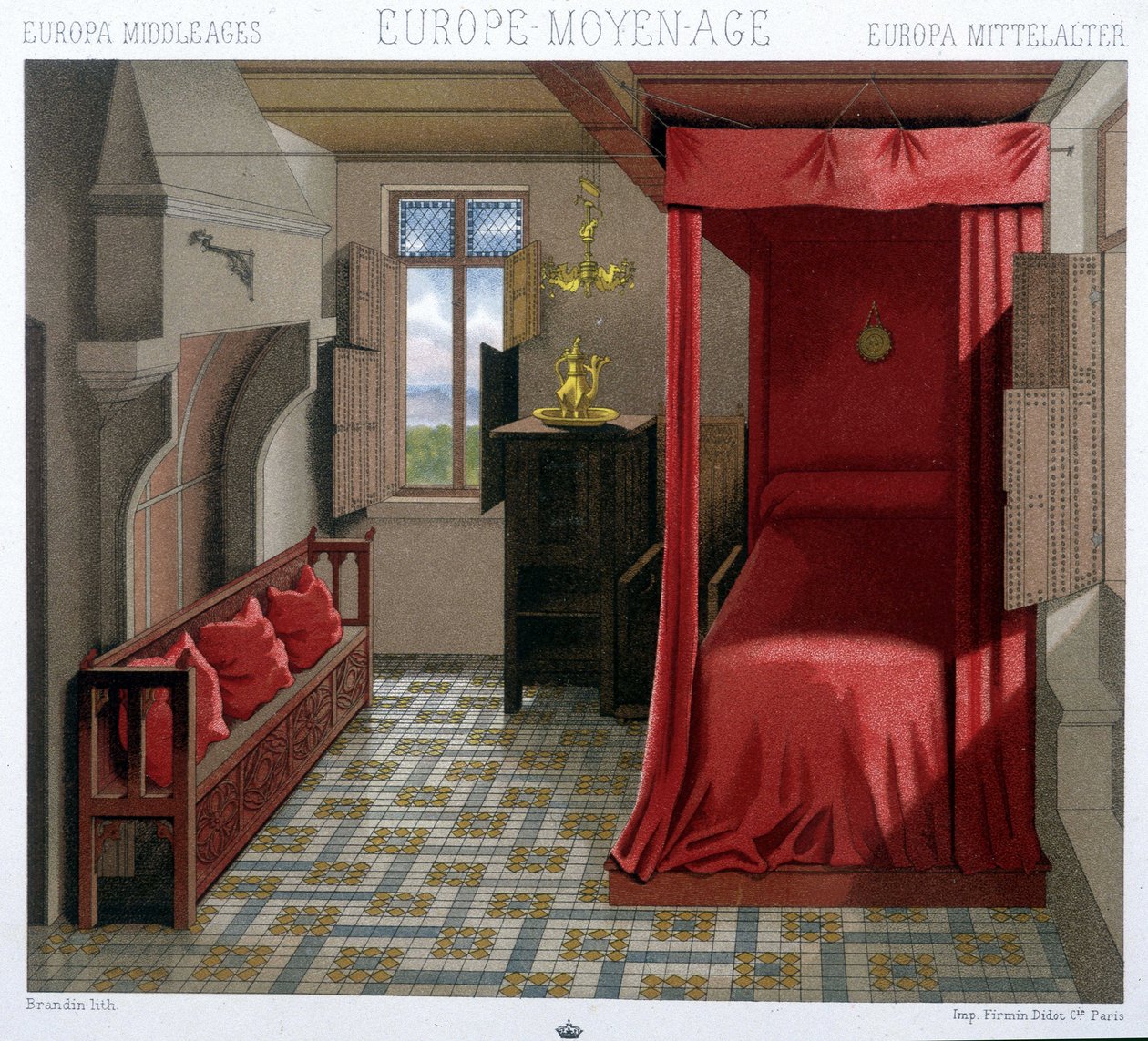 Egy 15. és 16. századi ház belseje. A. Racinet: „Le costume historique alkotó: Unknown artist