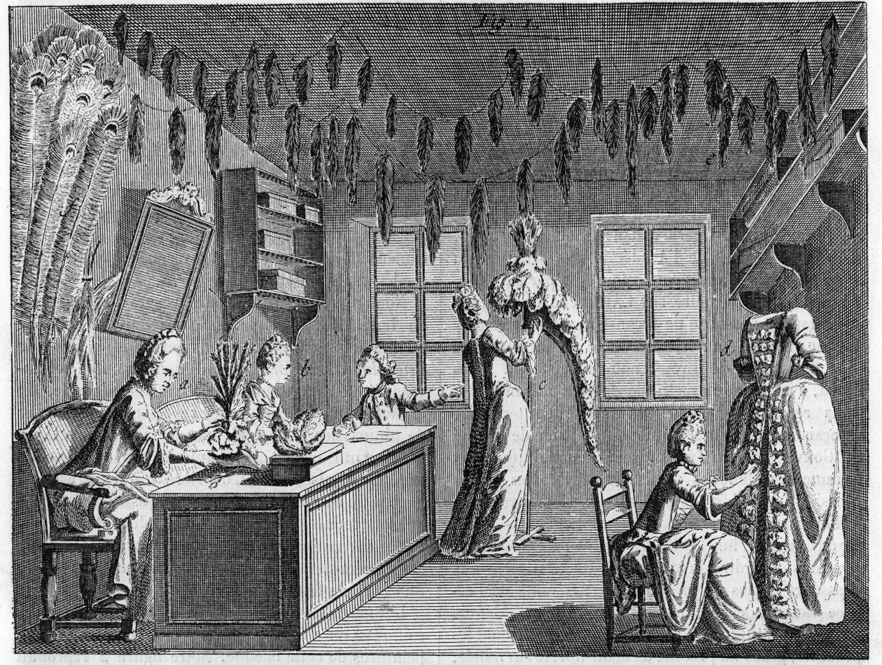 Egy plumassier műhely belseje a 18. században. 18. századi metszet. alkotó: Unknown artist