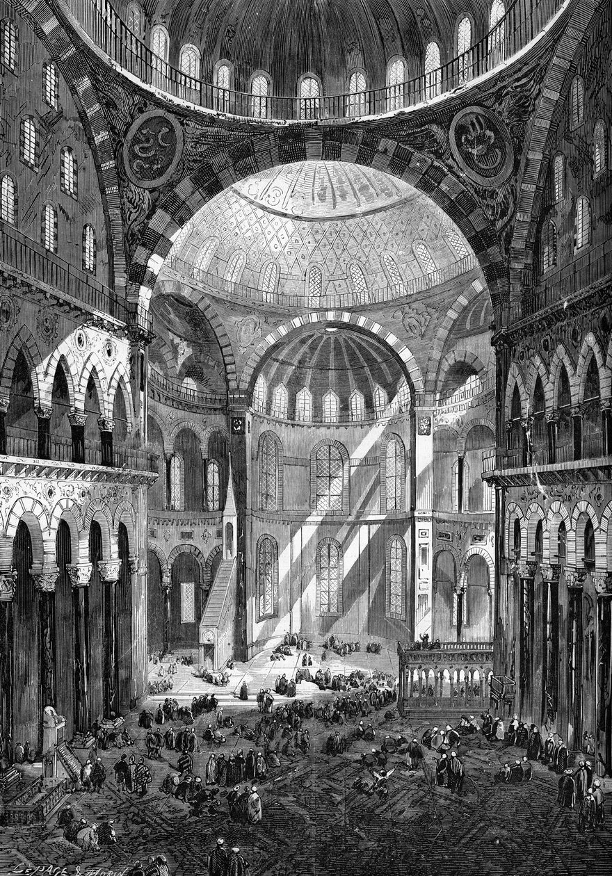 A konstantinápolyi Szent Szófia (Hagia Sophia) mecset belső képe (6. századi bizánci művészet) 1858-ban. alkotó: Unknown artist