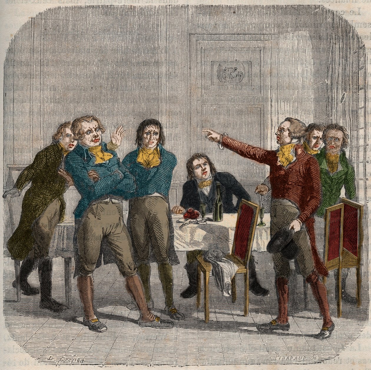 Interjú Jean-Paul (Jean Paul) Marat (1743-1793), Maximilien de Robespierre (1758-1794) és Georges Jacques Danton (1759-1794) között 1793. június 28-án egy párizsi kávézóban a Rue du Paon utcában. Metszet: „Franciaország illusztrált nemzeti történelme”. 19. alkotó: Unknown artist