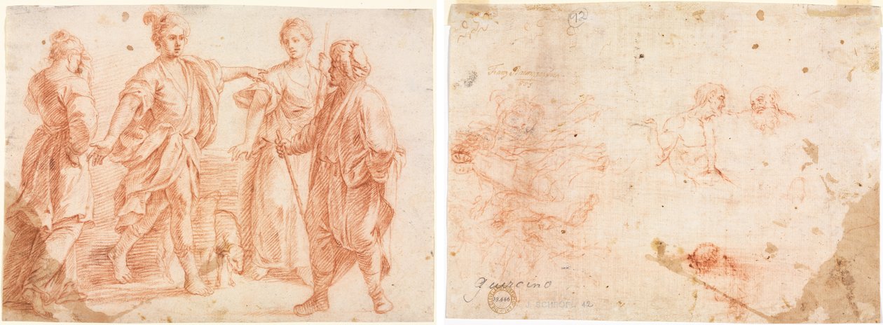 Jákob és Lábán Ráhellel és Leával (recto) Vázlat két férfiról és más különféle alakokról (verso) alkotó: Unknown artist
