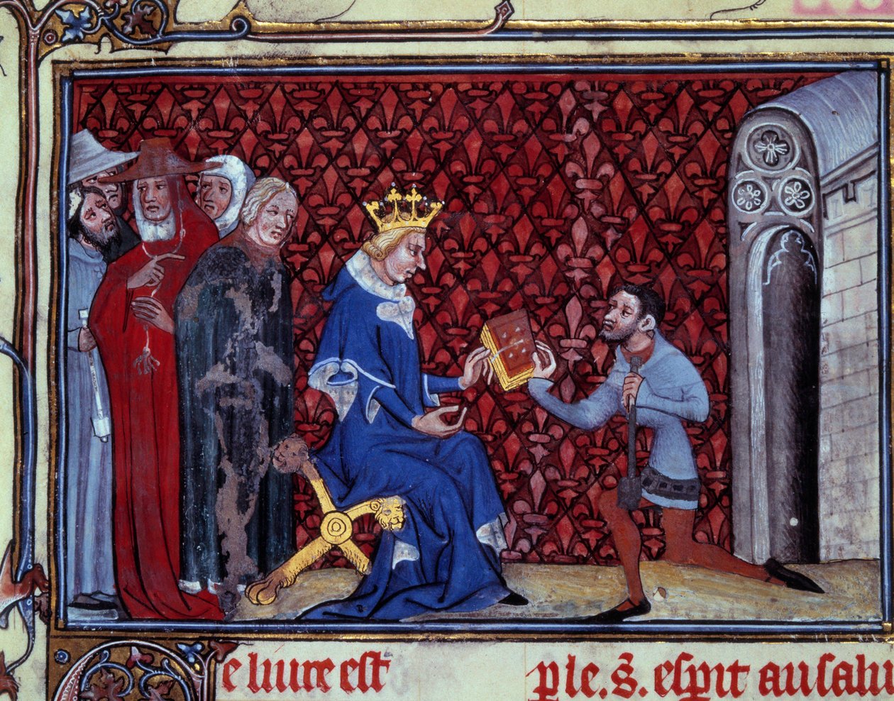 Jacques Bauchant átadja könyvét V. Károly királynak (1338-1380) Miniatűr, amely a párizsi Saint Quentin (? -1396) Jacques Bauchant "" Isten útjai és Szent Erzsébet von Schonau látomásai (1128-1164)" című könyvéből készült B.N. alkotó: Unknown artist