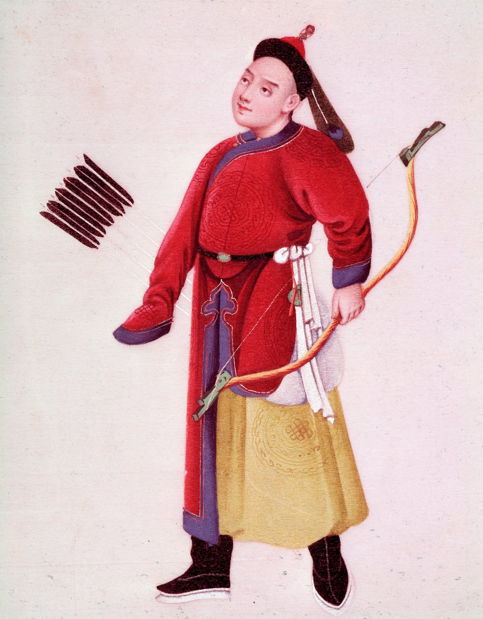 Japán császár vadászruhája. Íjjal és nyilakkal van felfegyverkezve. A 18. századi Velence akvarellje, Biblioteca Marciana alkotó: Unknown artist