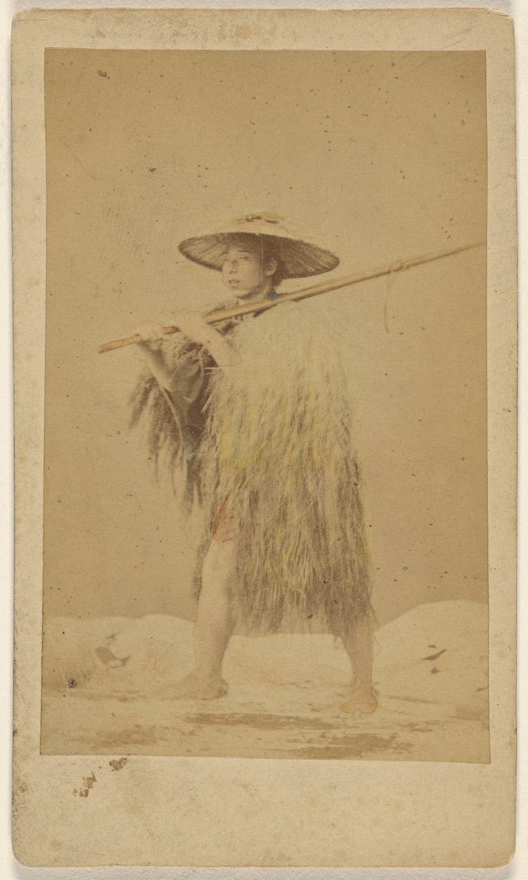 [japán férfi szalmakalapot és kalapot visel, hosszú rudat tart a kezében] alkotó: Unknown artist