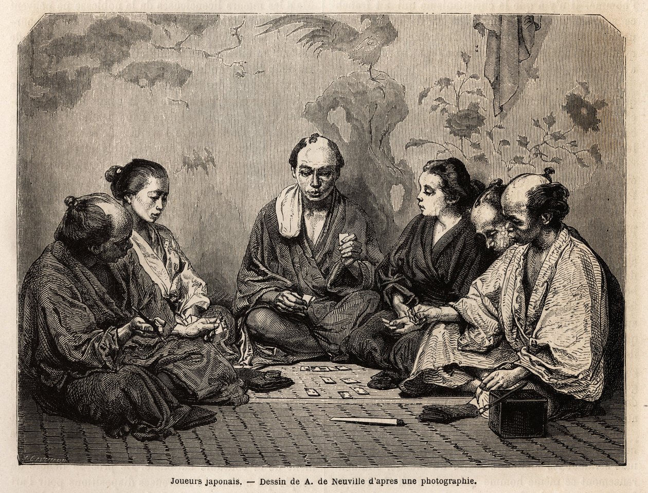 Japán játékosok a kártyák közepén. Metszet Japán illusztrálására, Aime Humbert, a Svájci Államszövetség miniszterének utazási története 1863-1864-ben, amelyet a „Le tour du monde, nouveau Journal des voyages” jelent meg Edouard Charton irányítása alatt. alkotó: Unknown artist