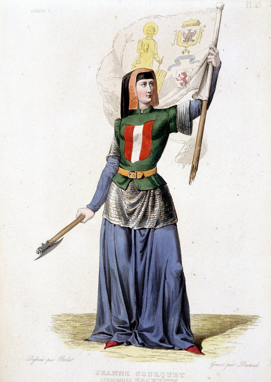 Jeanne Laisné, Jeanne Fourquet néven ismert, Jeanne Hachette francia hősnő beceneve (1456-tól?). 1835-ös metszet alkotó: Unknown artist