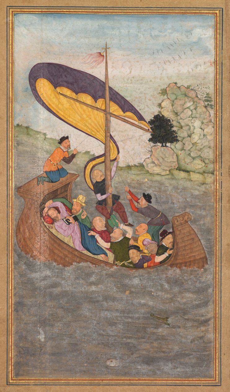 Jézust a Galileai-tengeren egy vihar alatt ébresztik fel Jerome Xavier atya Szentségtükréből (Mir’at al-quds) alkotó: Unknown artist