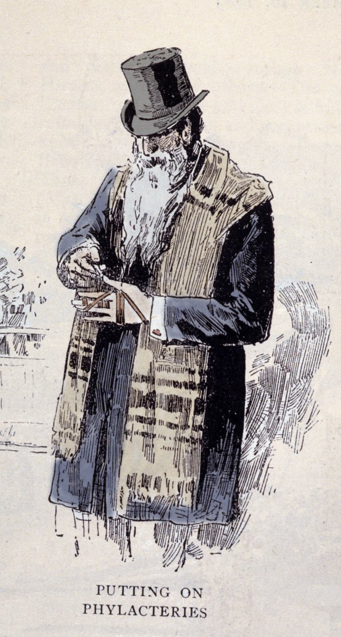 Zsidó vallás: egy imalimet (Talit vagy Tzitzit) viselő zsidó öregember, metszet 1890-ből alkotó: Unknown artist