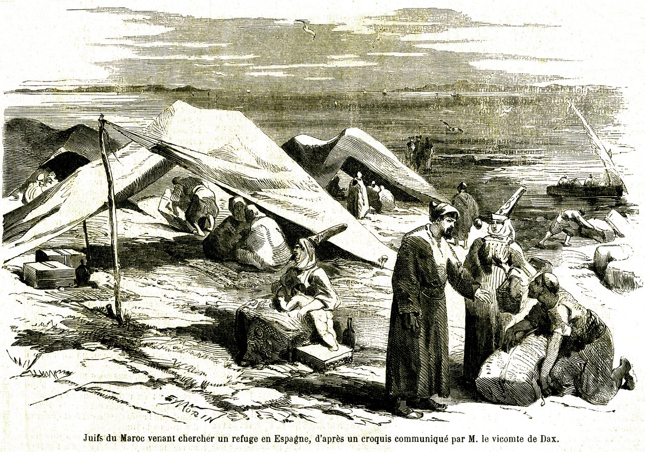 Marokkói zsidók a 19. század közepén a spanyolországi Algesirasban keresnek menedéket (metszet). alkotó: Unknown artist
