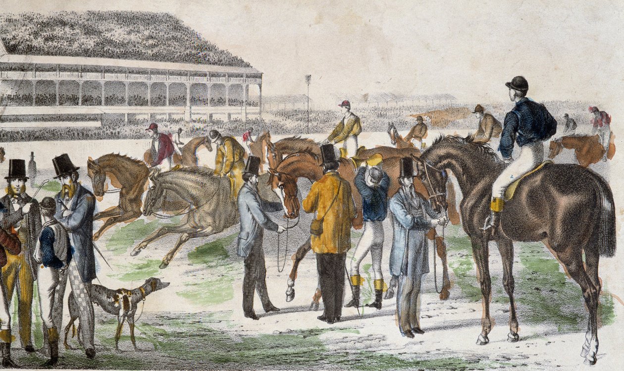 Zsokék és lovaik a verseny előtt - metszet, c. 1850 alkotó: Unknown artist