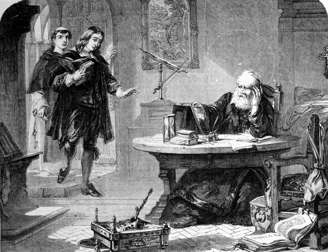 John Milton angol költő és esszéista (1608-1674) meglátogatta Galileo Galileit (Galileo) (1564-1642) a firenzei inkvizíció cellájában. Metszés. 1860 kb. alkotó: Unknown artist
