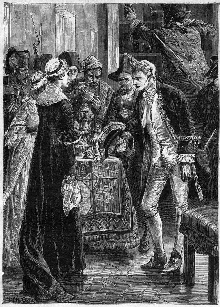 John Paul Jones meglátogatja Lady Selkirket, miután emberei elvitték az értékeit – Amerikai haditengerészet: John Paul Jones (1747-1792) az amerikai függetlenségi háború hősei és a Ranger legénysége rajtaütött Selkirk gróf kastélyán az Egyesült Államokban alkotó: Unknown artist