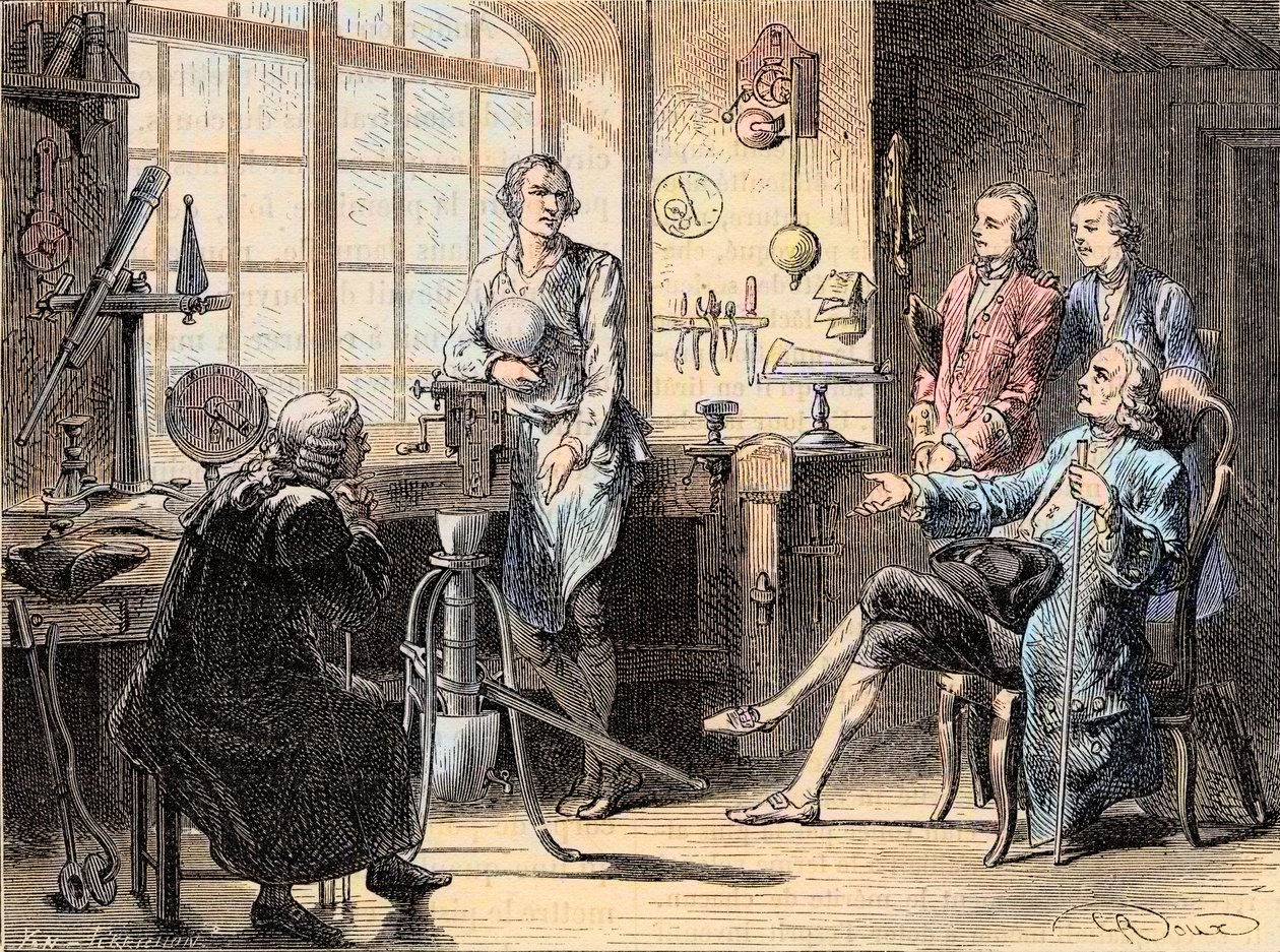 Joseph Black meglátogatja James Watt glasgow-i műhelyében – Joseph Black skót kémikus meglátogatja James Watt mérnököt alkotó: Unknown artist