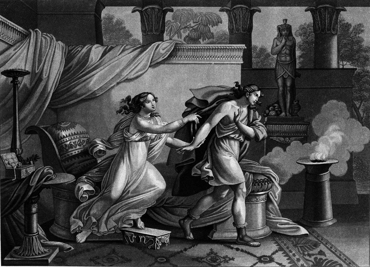 József menekül Putiphar (Potifár) felesége elől, hogy elcsábítsa a 19. századi litográfia alkotó: Unknown artist