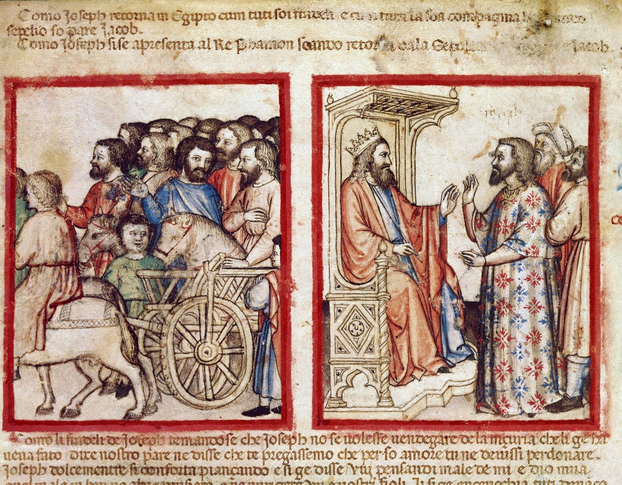 József balról apja temetésére, a fáraó miniatűr után megy a 212-es kódexből (vagy padovano kódexből vagy Páduai Bibliából) 1390-1400 Rovigo, Accademia dei Concordi alkotó: Unknown artist