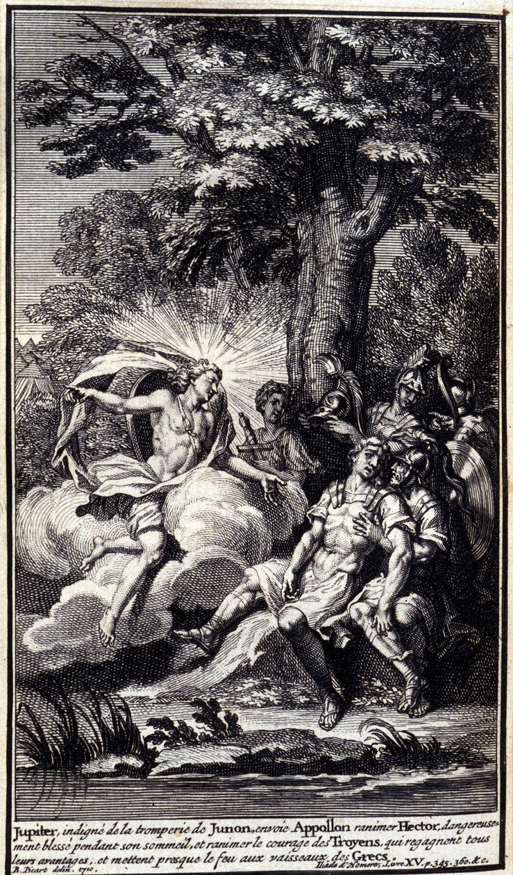 Jupiter, aki méltatlan Juno megtévesztésére, elküldi Apollót, hogy élesítse feléleszteni Hector álma közben keletkezett veszélyes sebét, és feléleszteni a trójaiak bátorságát, akik visszaszerzik minden előnyüket, és majdnem felgyújtják a görög hajókat. Az  alkotó: Unknown artist