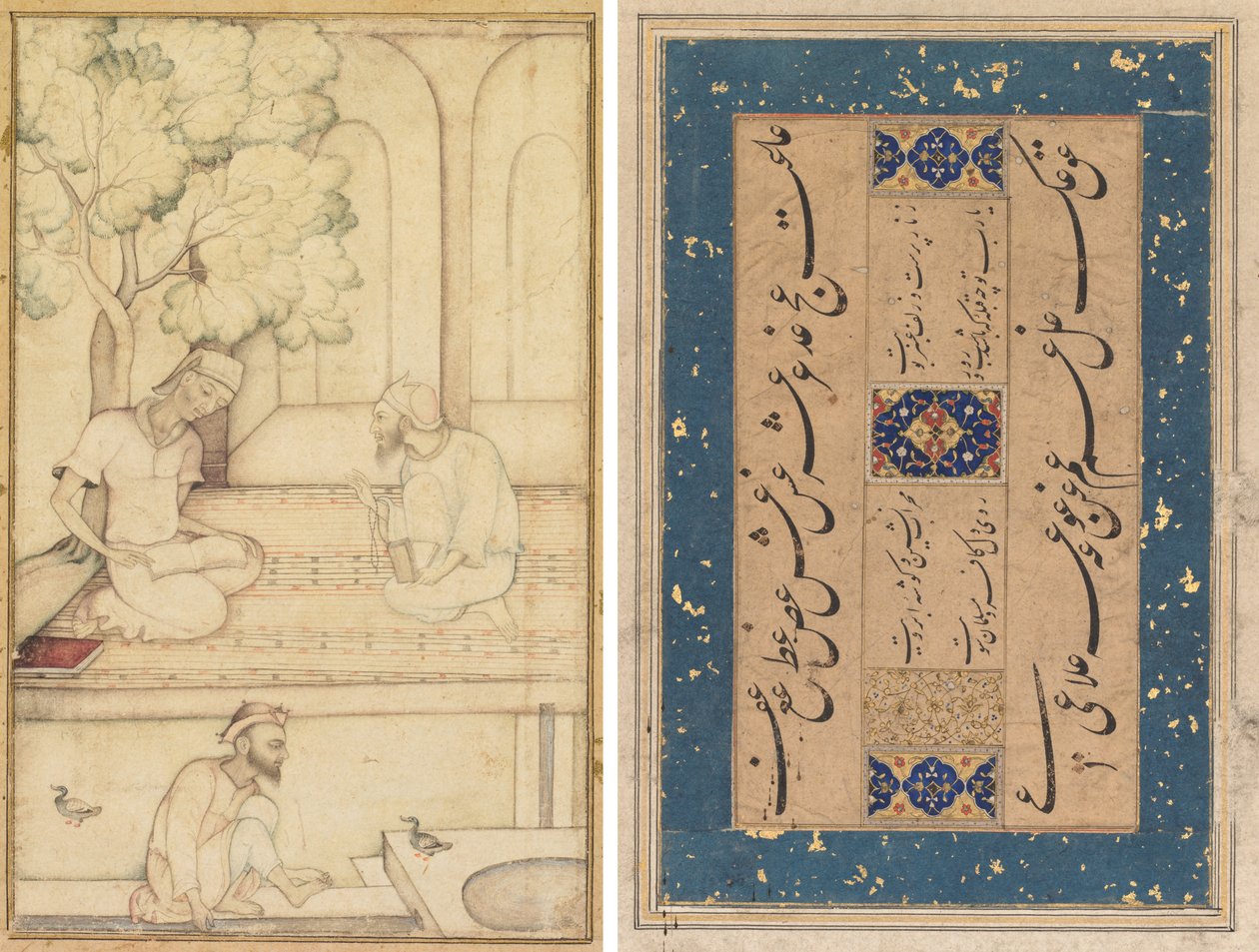 Kabir és két követő egy teraszon (recto); kalligráfia (fordítva) alkotó: Unknown artist