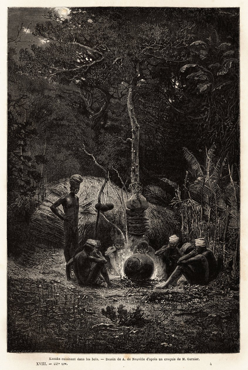 Kanák főznek az erdőben, Pamale területén. Jules Garnier bányamérnök 1863-1866-os új-kaledóniai utazását illusztráló metszet, amelyet a „Le tour du monde, nouveau Journal des voyages” szerkesztett Edouard C. alkotó: Unknown artist