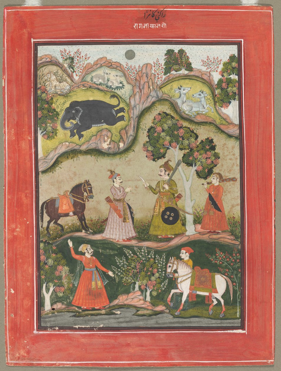 Kanhara Ragini: Inspiráció dala Krsnának az elefántdémon megöléséhez, a Ragamala sorozatból alkotó: Unknown artist