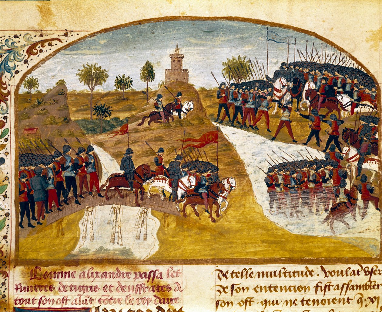 Nagy Sándor király (Kr. e. 356-323) és serege elhalad a Tigris és a Miniatűr Eufrátesz mellett Quintus Curtius Rufus (Quinte Curce) (1. század) „Nagy Sándor tények könyvéből” (1. század), 1468 körül. (Ms. 1335) Reims. Városi Könyvtár alkotó: Unknown artist