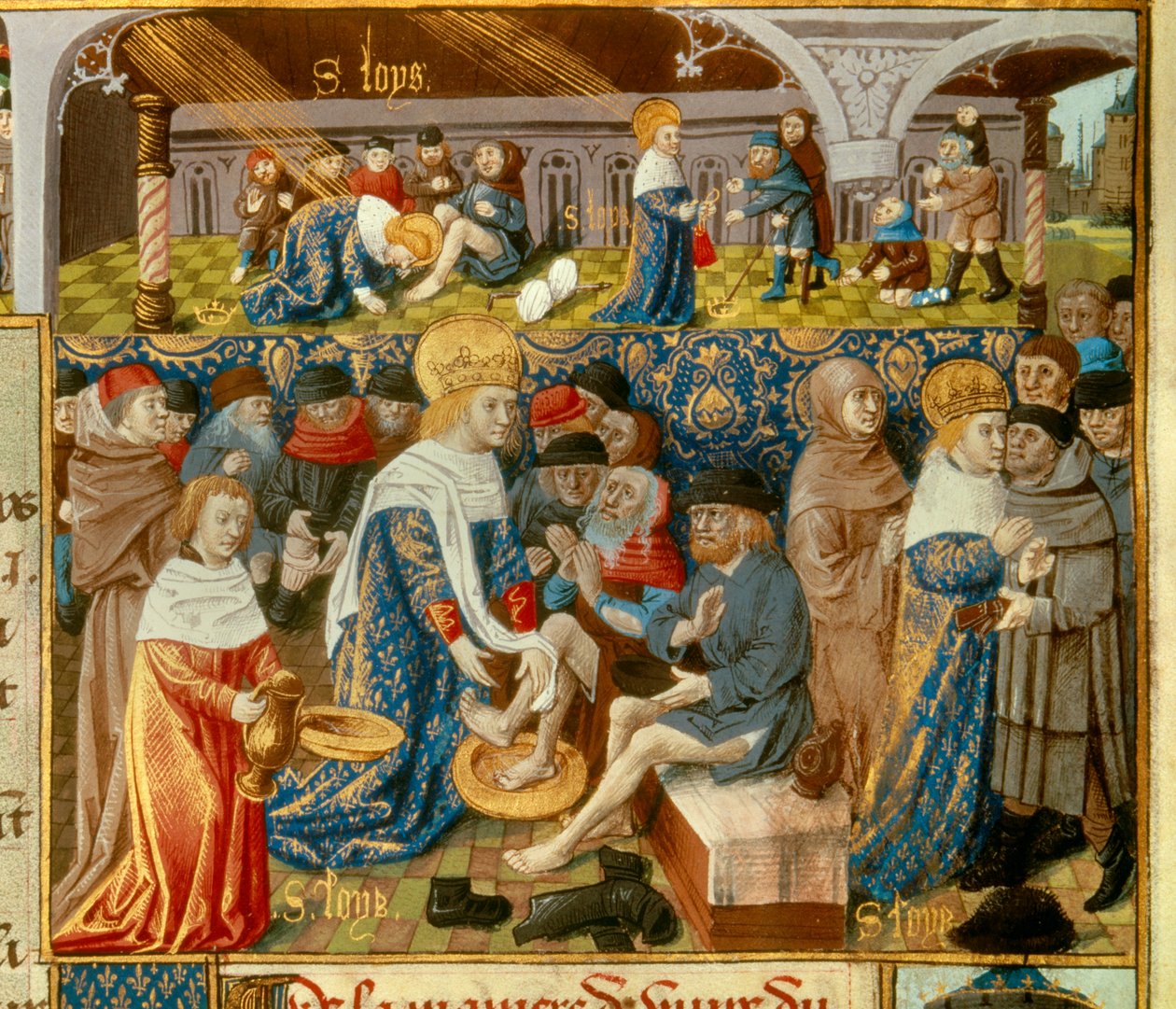 A szegények lábát mosó IX. Lajos király (1214-1270) (Szent Lajos) és a keresztény jótékonykodás jelenetei a Miniatúra királytól „Szent Lajos monsignor tényeinek könyve”” 15. századi kéziratból. Paris, B.N alkotó: Unknown artist