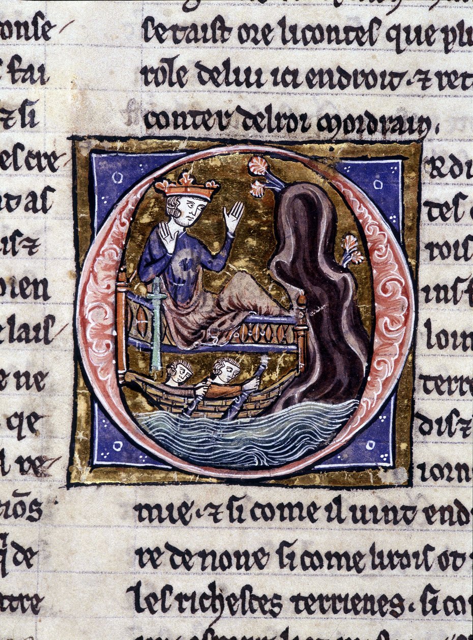 Modreius király. Kézirat: Szent Gréal meghódítása, 717 évvel urunk szenvedélye után. Bibliotheque Municipale de Rennes, ms. 255 (A Kerekasztal regénygyűjteménye); Párizs alkotó: Unknown artist