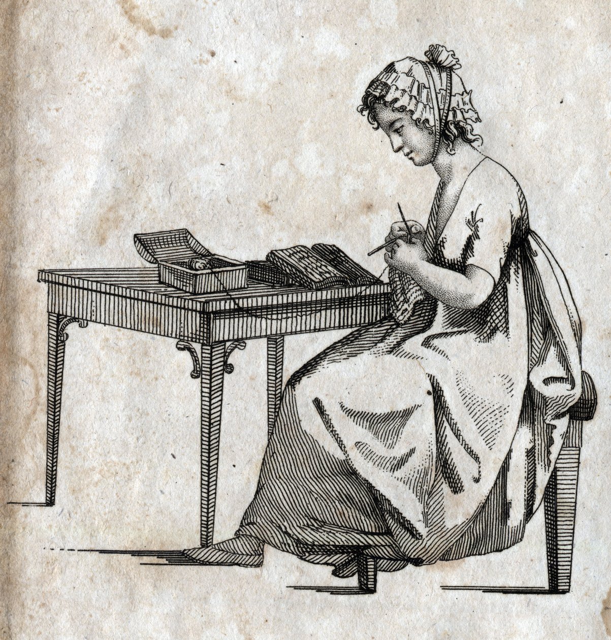 Kötőgép: nő elfoglalt gyapjú kötéssel (kötés) Metszet 18. század vége. Magángyűjtemény. alkotó: Unknown artist