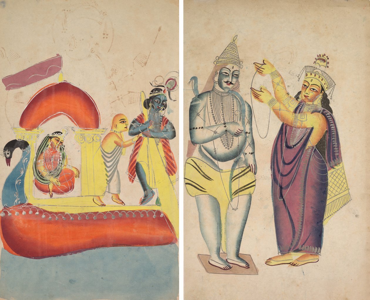 Krishna Ferrying Radha a Yamuna folyón át (recto); Parivati esküvői füzér elhelyezése Shiván (fordítva) alkotó: Unknown artist