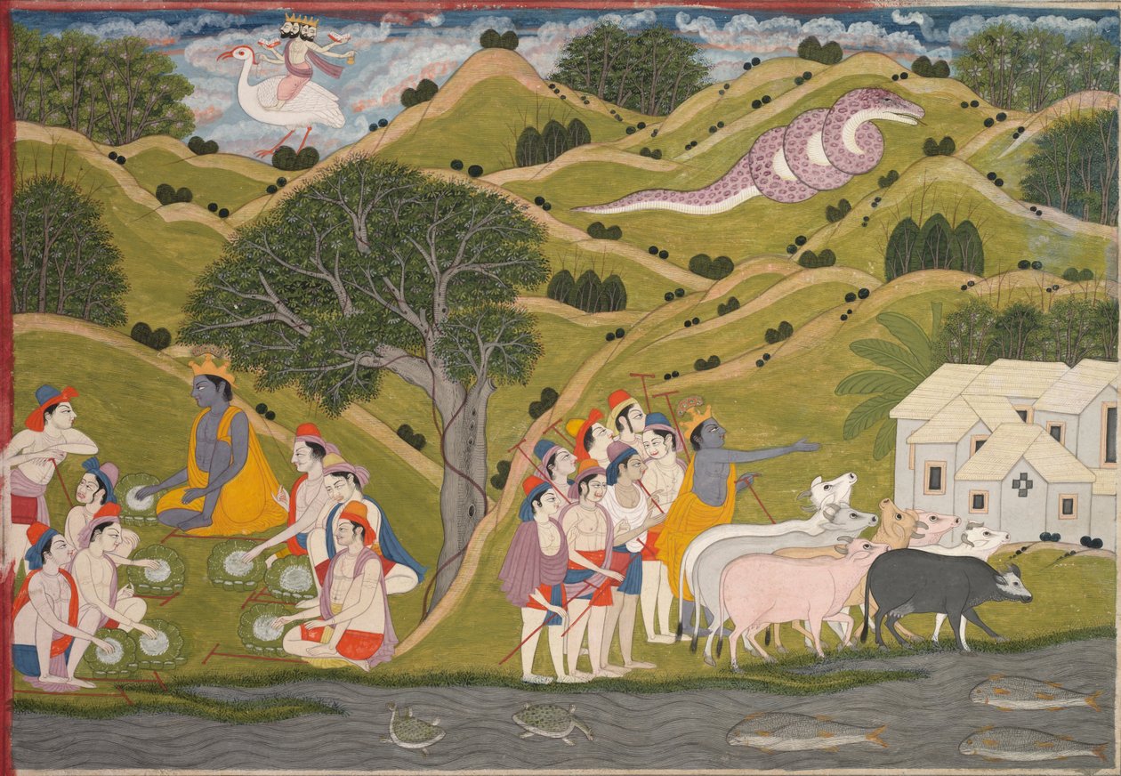Krishna visszatér a tehénpásztorokkal Brajba, a Bhagavata Puránából alkotó: Unknown artist